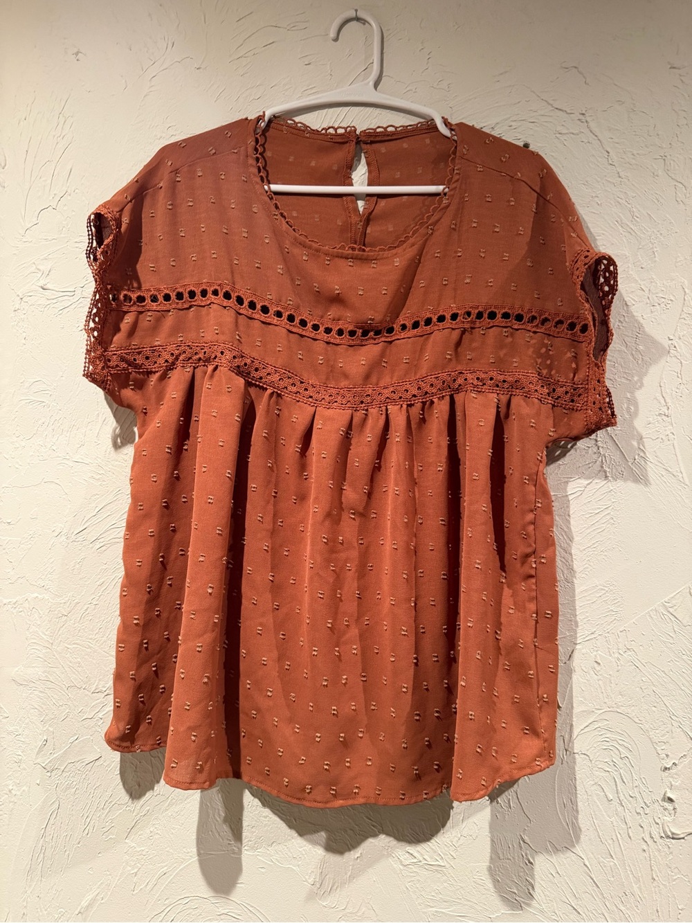 SHEIN Rust Orange Eyelet Crochet Trim Short Sleeve Top